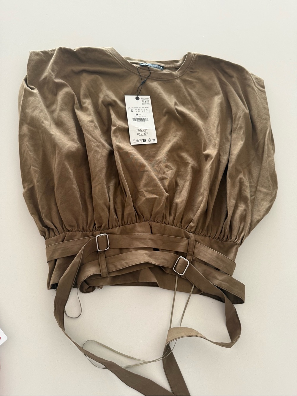 Zara Olive Green Cinch-Waist Crop Top with Wrap Straps